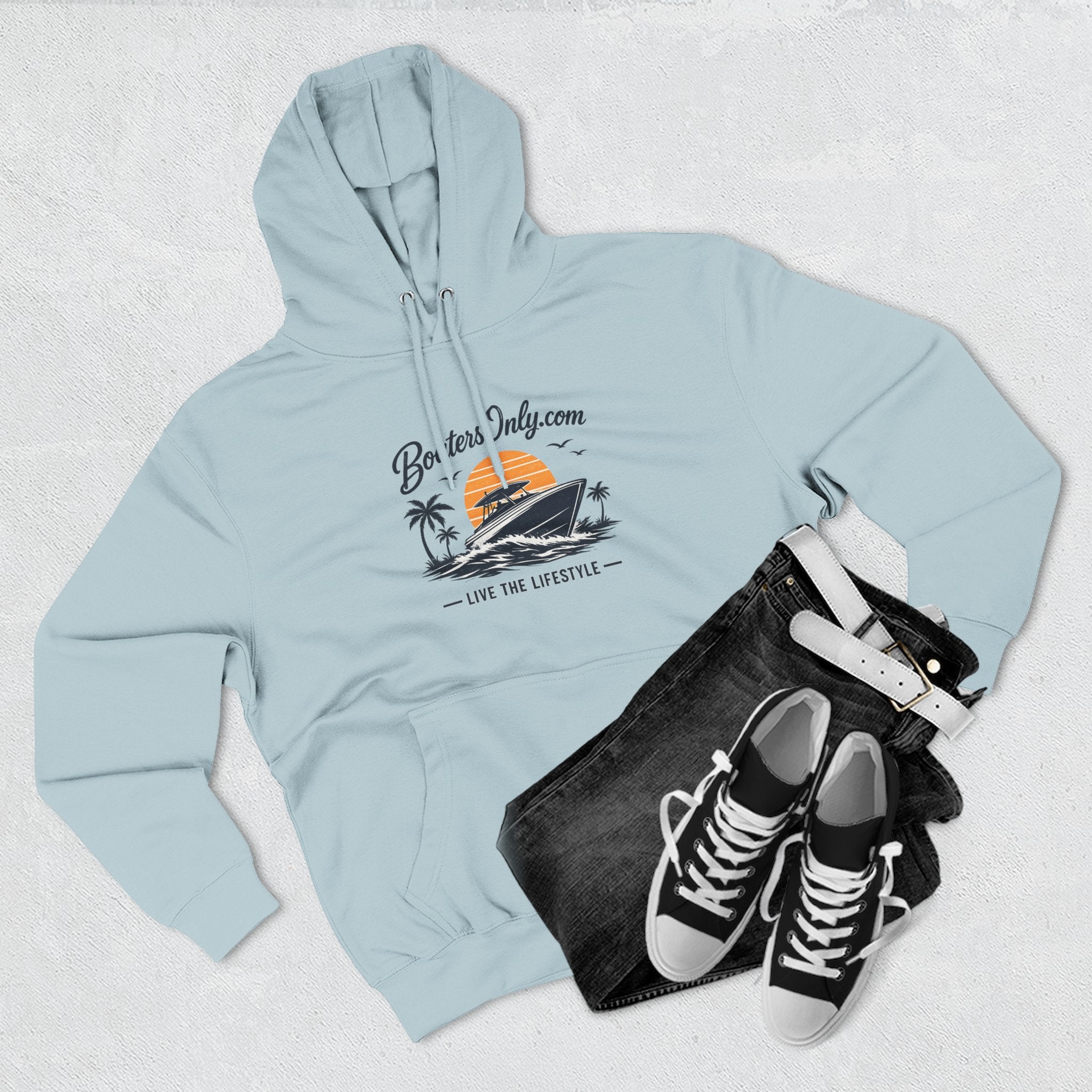 BoatLifestyle Fleece Hoodie — Vintage Sunset Boat Graphic, "Live the Lifestyle"