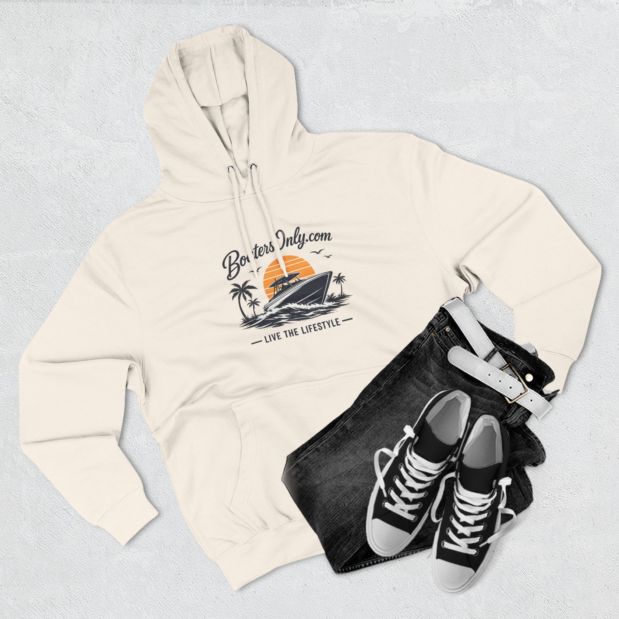 BoatLifestyle Fleece Hoodie — Vintage Sunset Boat Graphic, "Live the Lifestyle"