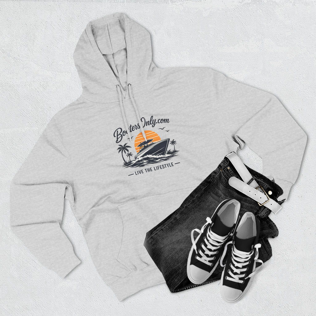 BoatLifestyle Fleece Hoodie — Vintage Sunset Boat Graphic, "Live the Lifestyle"