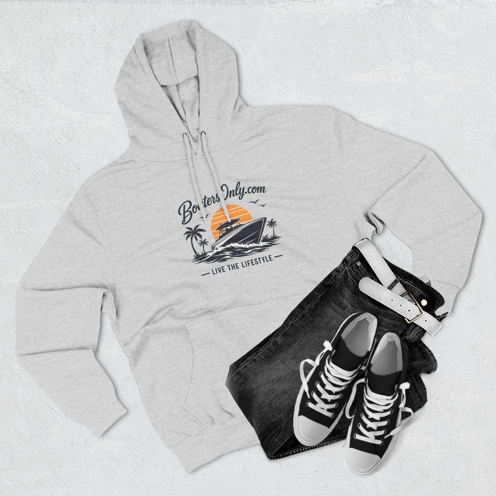 BoatLifestyle Fleece Hoodie — Vintage Sunset Boat Graphic, "Live the Lifestyle"