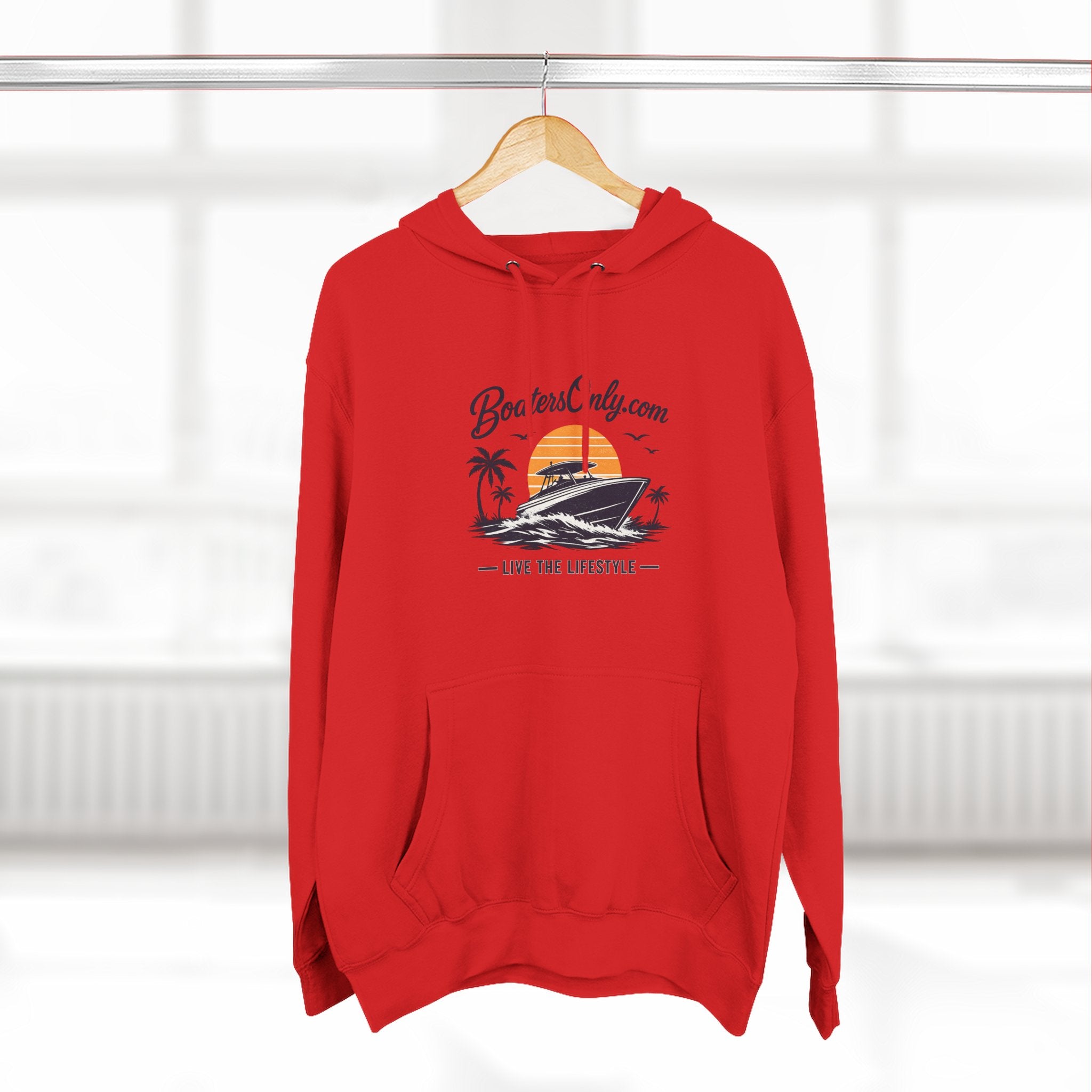 BoatLifestyle Fleece Hoodie — Vintage Sunset Boat Graphic, "Live the Lifestyle"