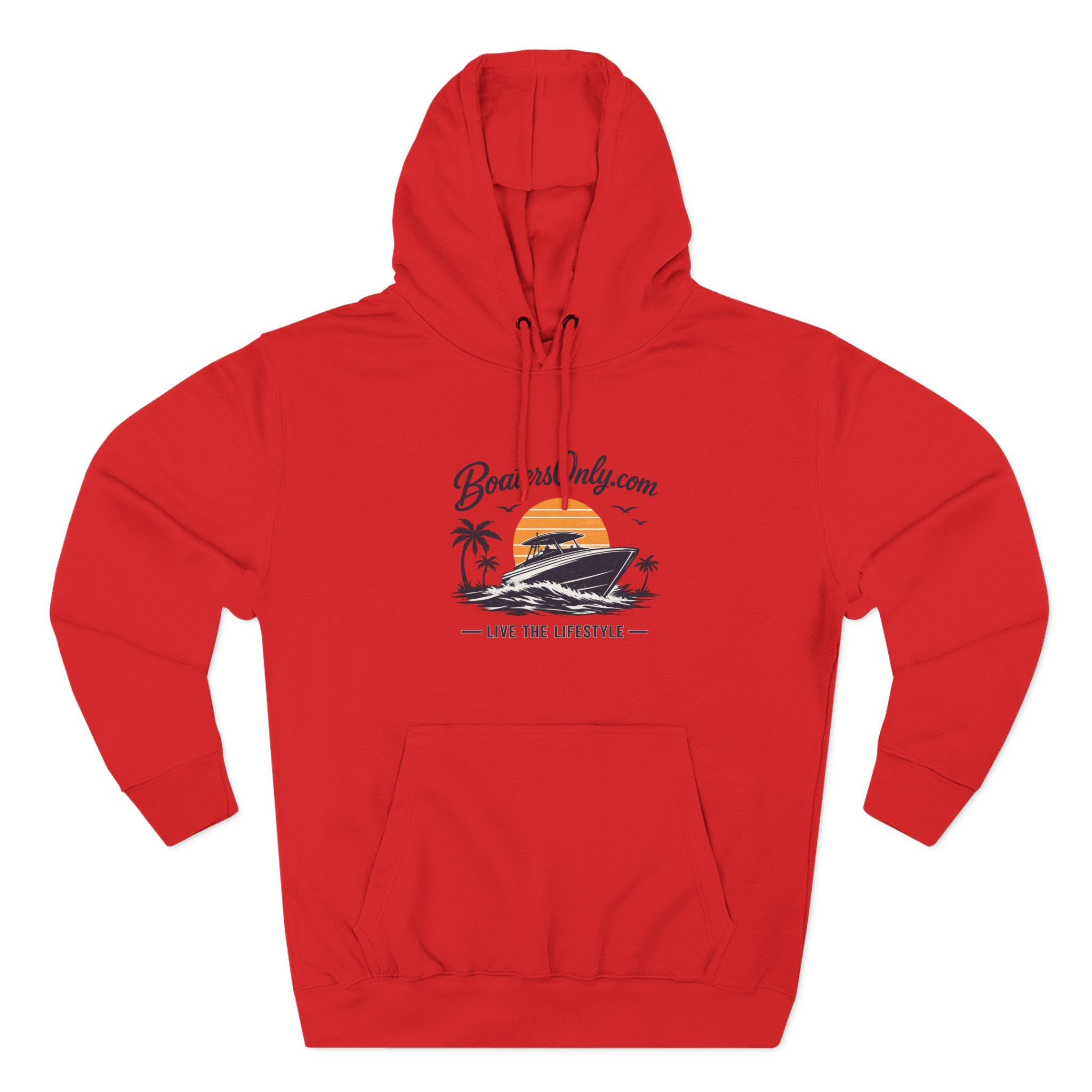 BoatLifestyle Fleece Hoodie — Vintage Sunset Boat Graphic, "Live the Lifestyle"