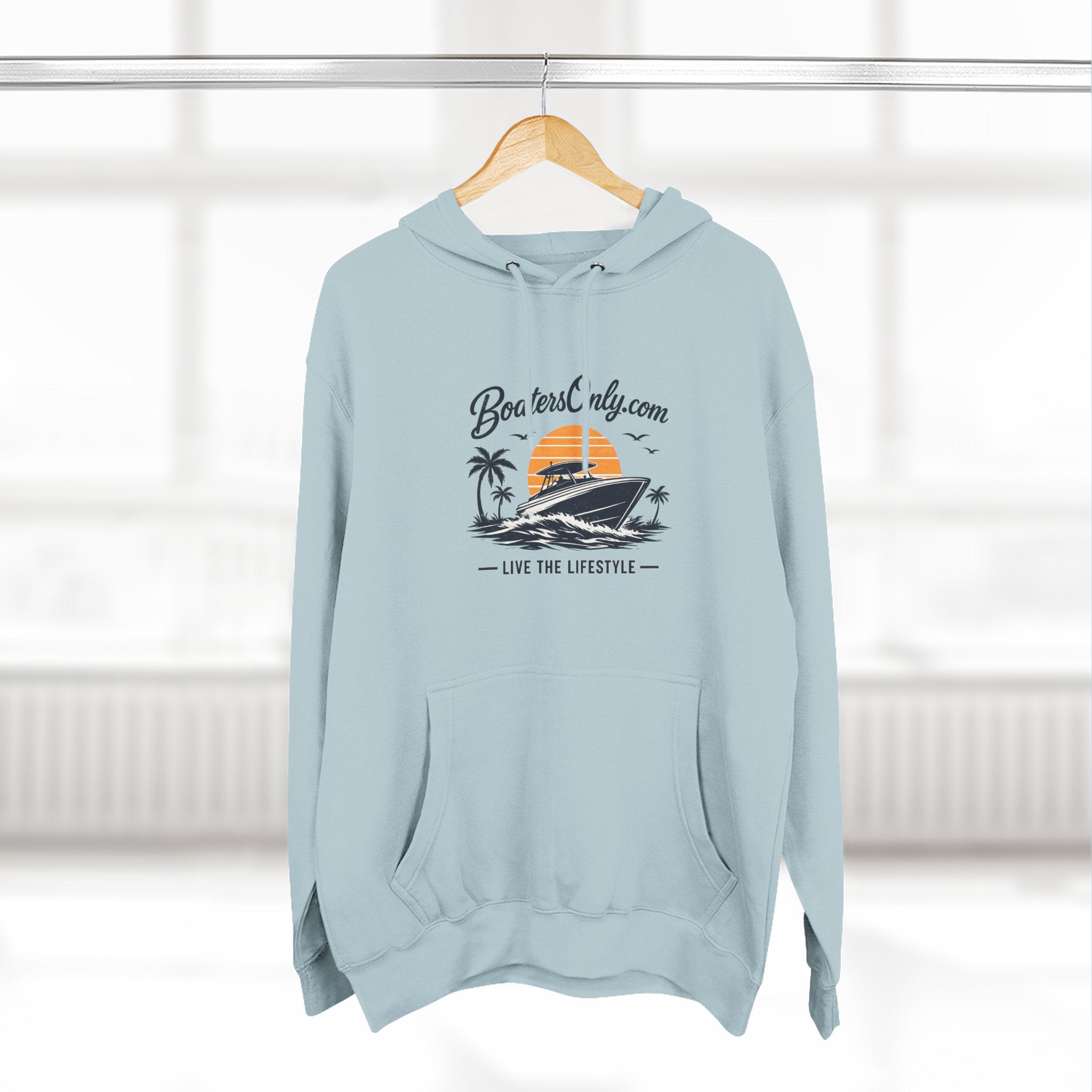 BoatLifestyle Fleece Hoodie — Vintage Sunset Boat Graphic, "Live the Lifestyle"