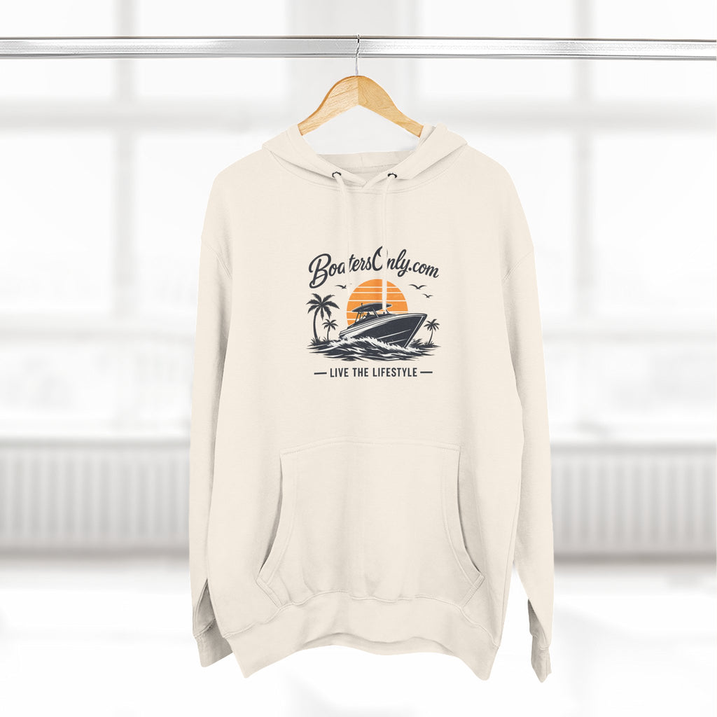 BoatLifestyle Fleece Hoodie — Vintage Sunset Boat Graphic, "Live the Lifestyle"