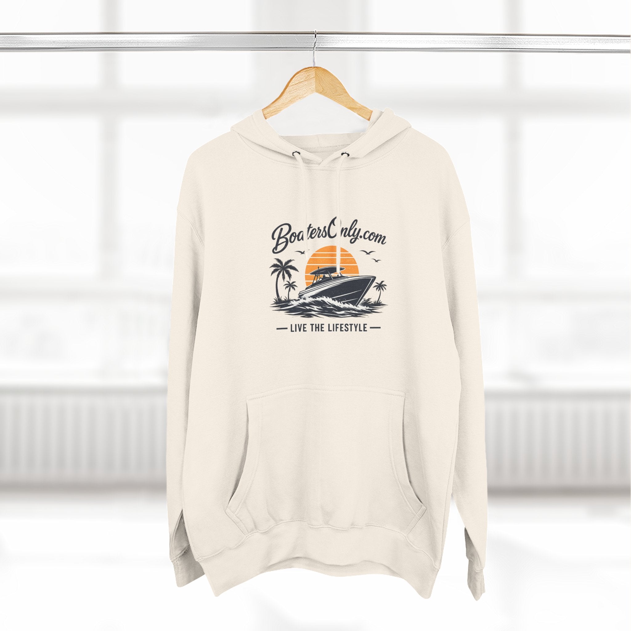 BoatLifestyle Fleece Hoodie — Vintage Sunset Boat Graphic, "Live the Lifestyle"