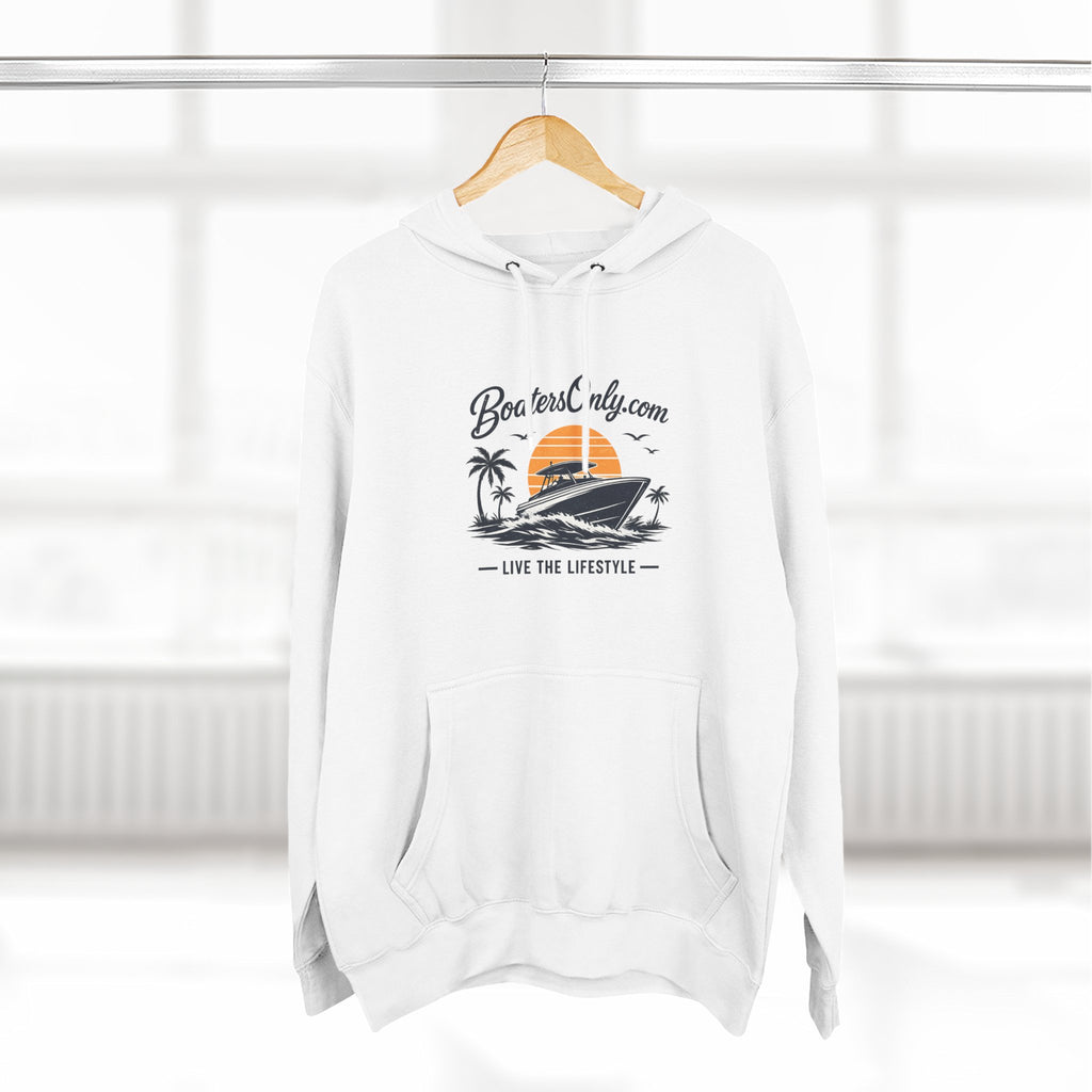 BoatLifestyle Fleece Hoodie — Vintage Sunset Boat Graphic, "Live the Lifestyle"