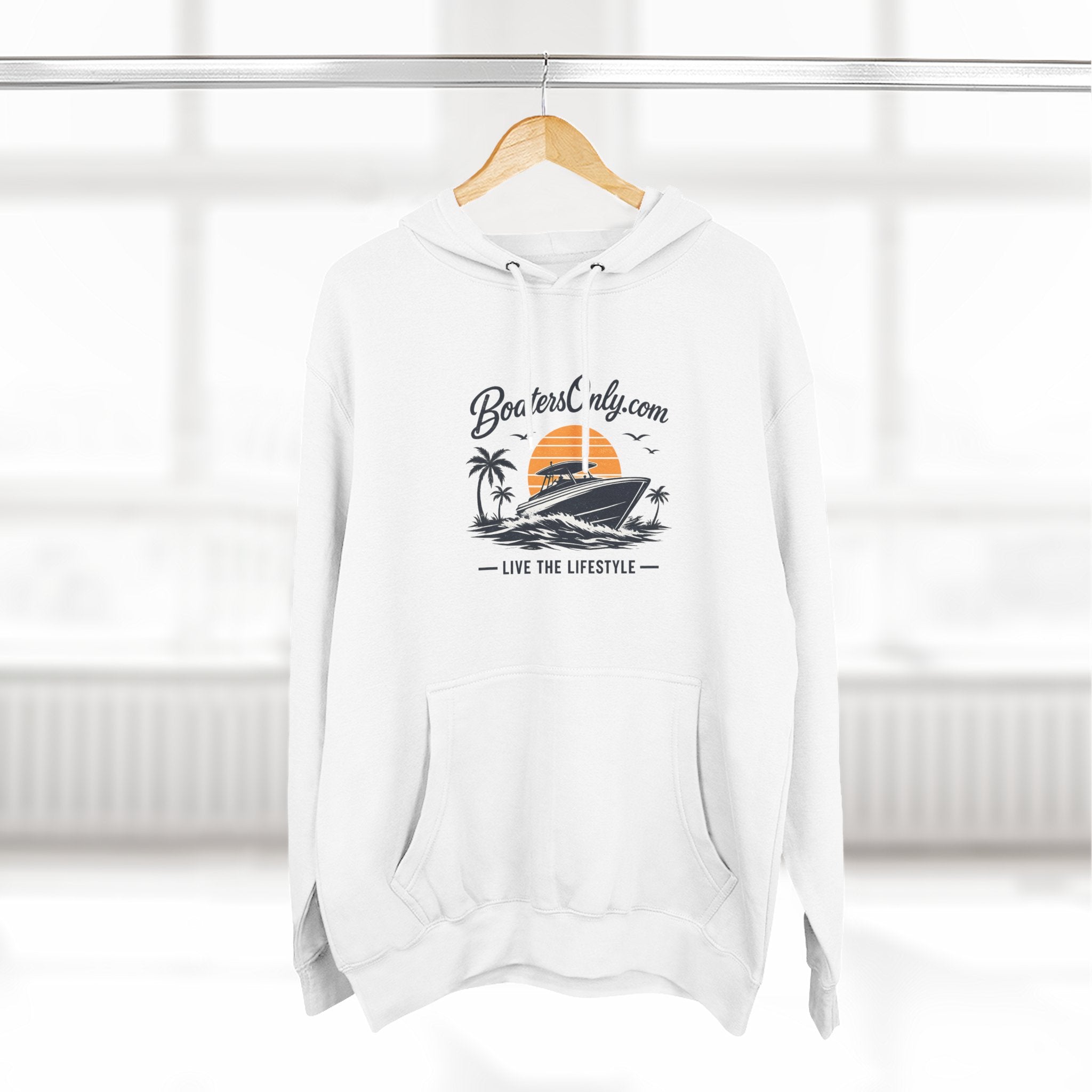 BoatLifestyle Fleece Hoodie — Vintage Sunset Boat Graphic, "Live the Lifestyle"