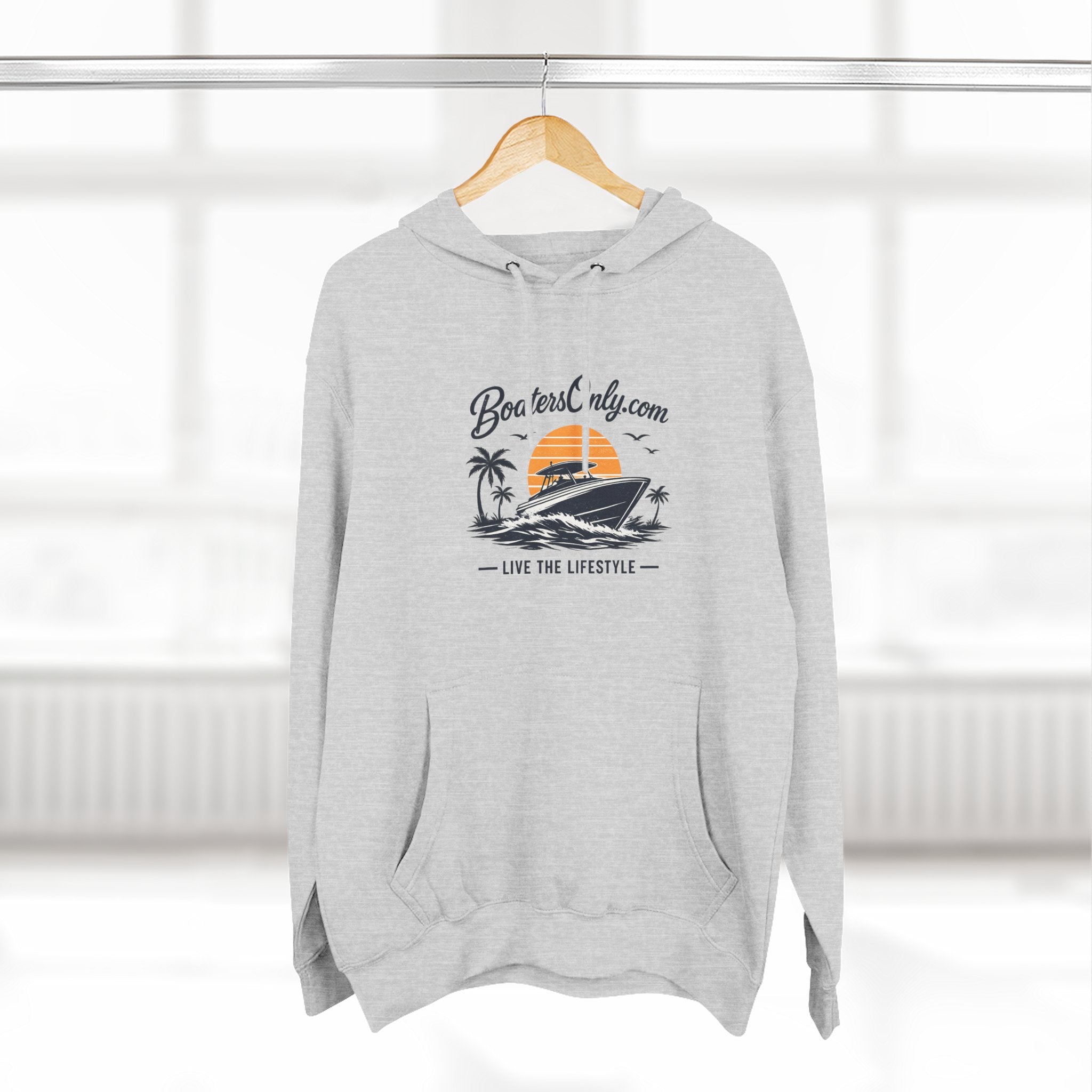 BoatLifestyle Fleece Hoodie — Vintage Sunset Boat Graphic, "Live the Lifestyle"