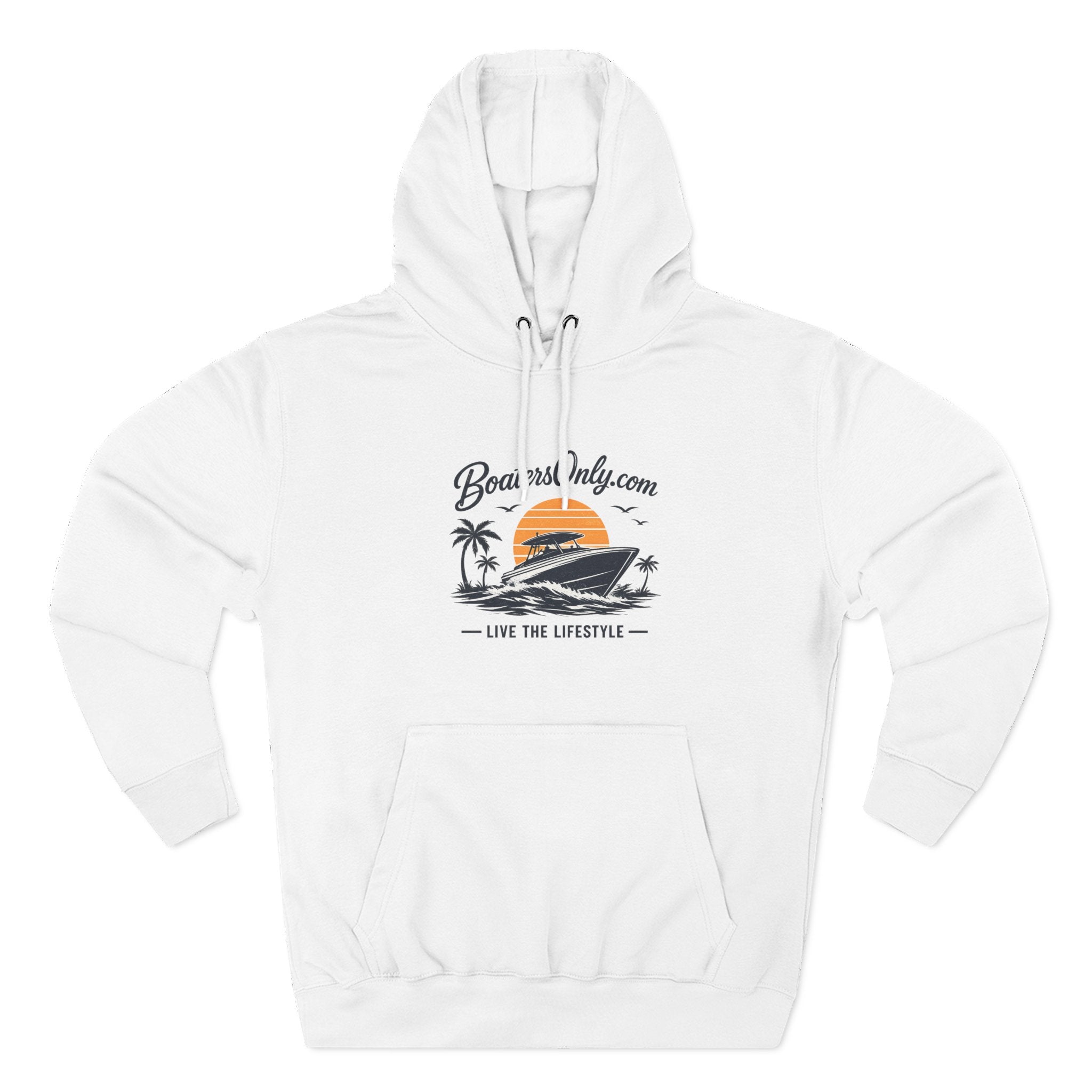 BoatLifestyle Fleece Hoodie — Vintage Sunset Boat Graphic, "Live the Lifestyle"