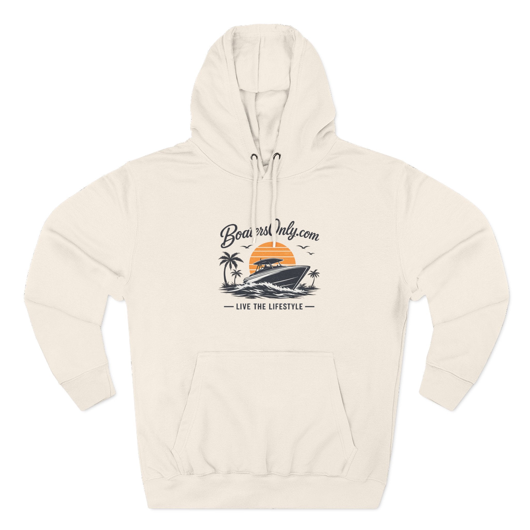 BoatLifestyle Fleece Hoodie — Vintage Sunset Boat Graphic, "Live the Lifestyle"