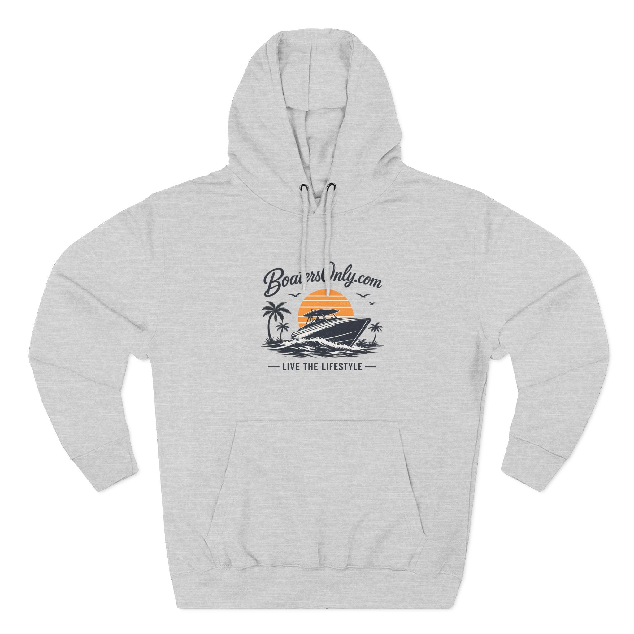 BoatLifestyle Fleece Hoodie — Vintage Sunset Boat Graphic, "Live the Lifestyle"
