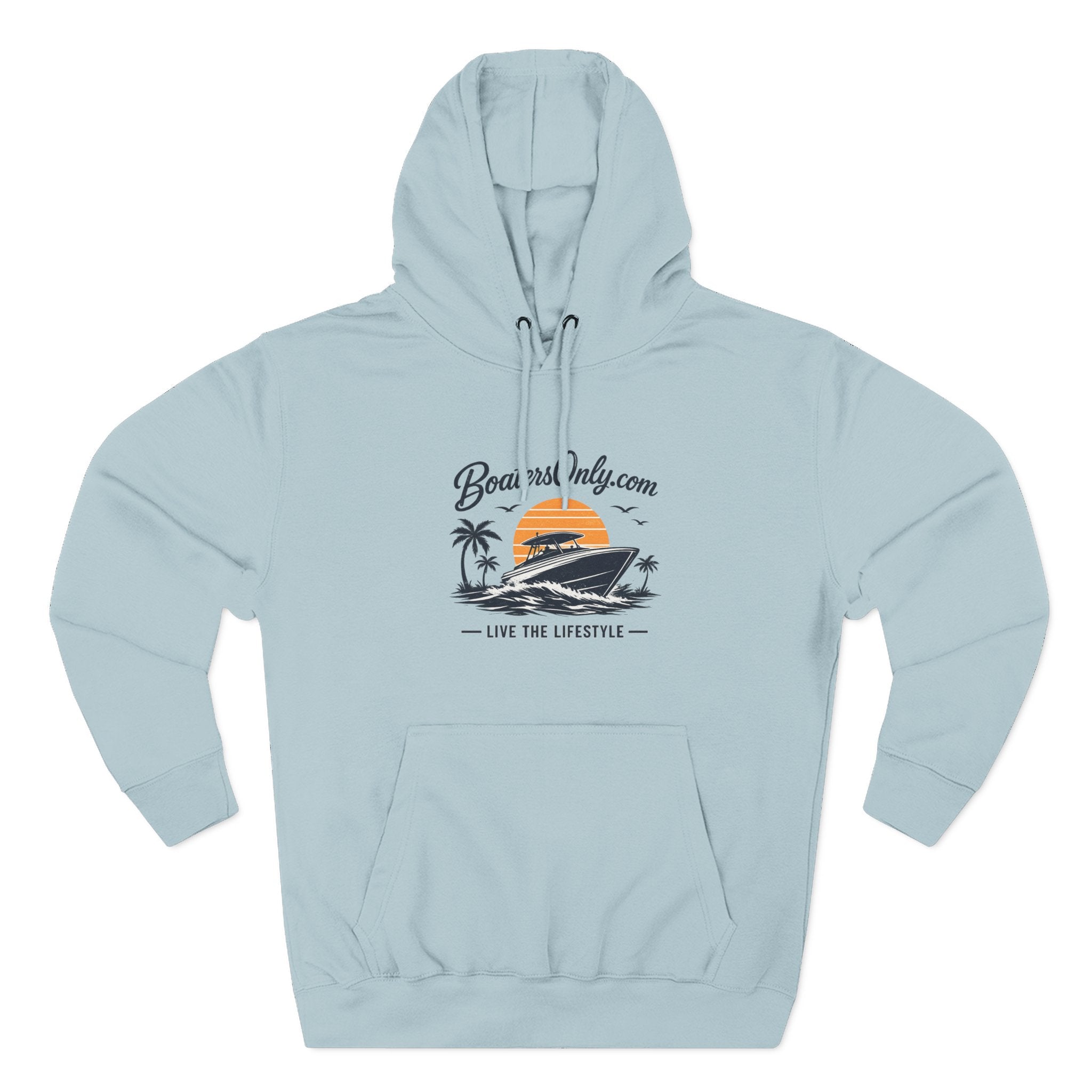 BoatLifestyle Fleece Hoodie — Vintage Sunset Boat Graphic, "Live the Lifestyle"