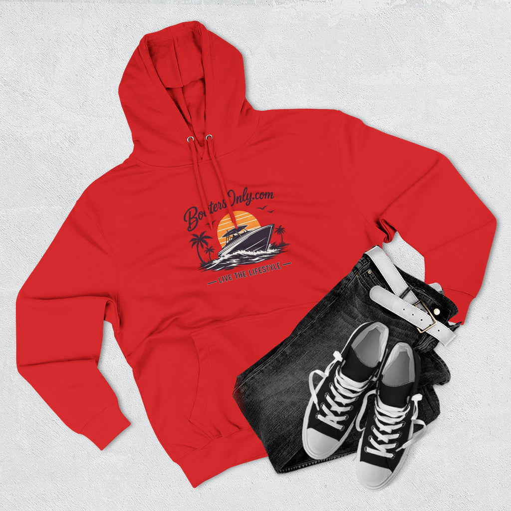 BoatLifestyle Fleece Hoodie — Vintage Sunset Boat Graphic, "Live the Lifestyle"