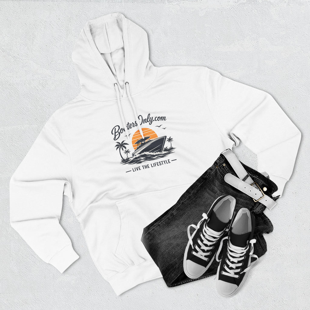 BoatLifestyle Fleece Hoodie — Vintage Sunset Boat Graphic, "Live the Lifestyle"