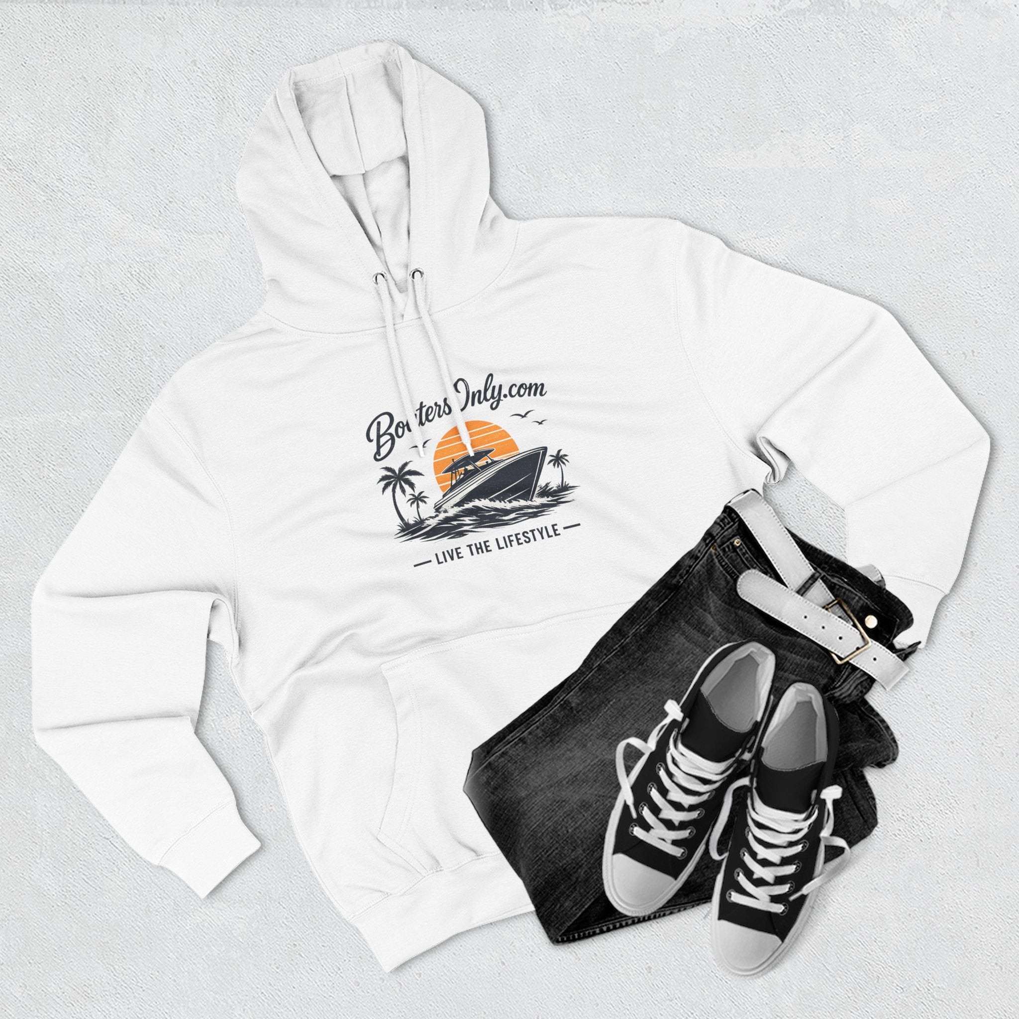 BoatLifestyle Fleece Hoodie — Vintage Sunset Boat Graphic, "Live the Lifestyle"
